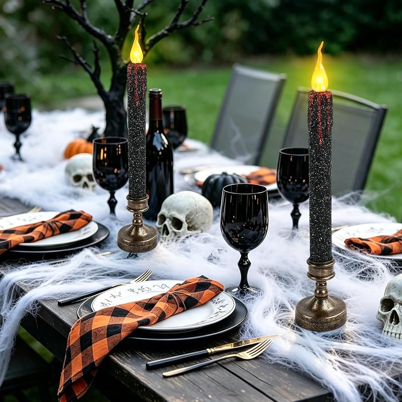 2 Piezas Velas LED Halloween 24.5cm Velas Halloween Sin Llama Gotean Sangre Negras LED Candle con Pilas para Fiesta, Regalos, Decoracion Casa