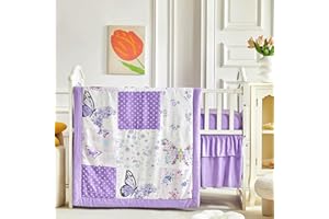 UOZZI BEDDING Patchwork Crib Bedding Set Butterfly Plaid Floral Design 3 Pieces Baby Girl Cute Quilted Comforter with Fitted Sheet and Bed Skirt - Purple Flower White Butterfly Dots Style Crib Bed Set