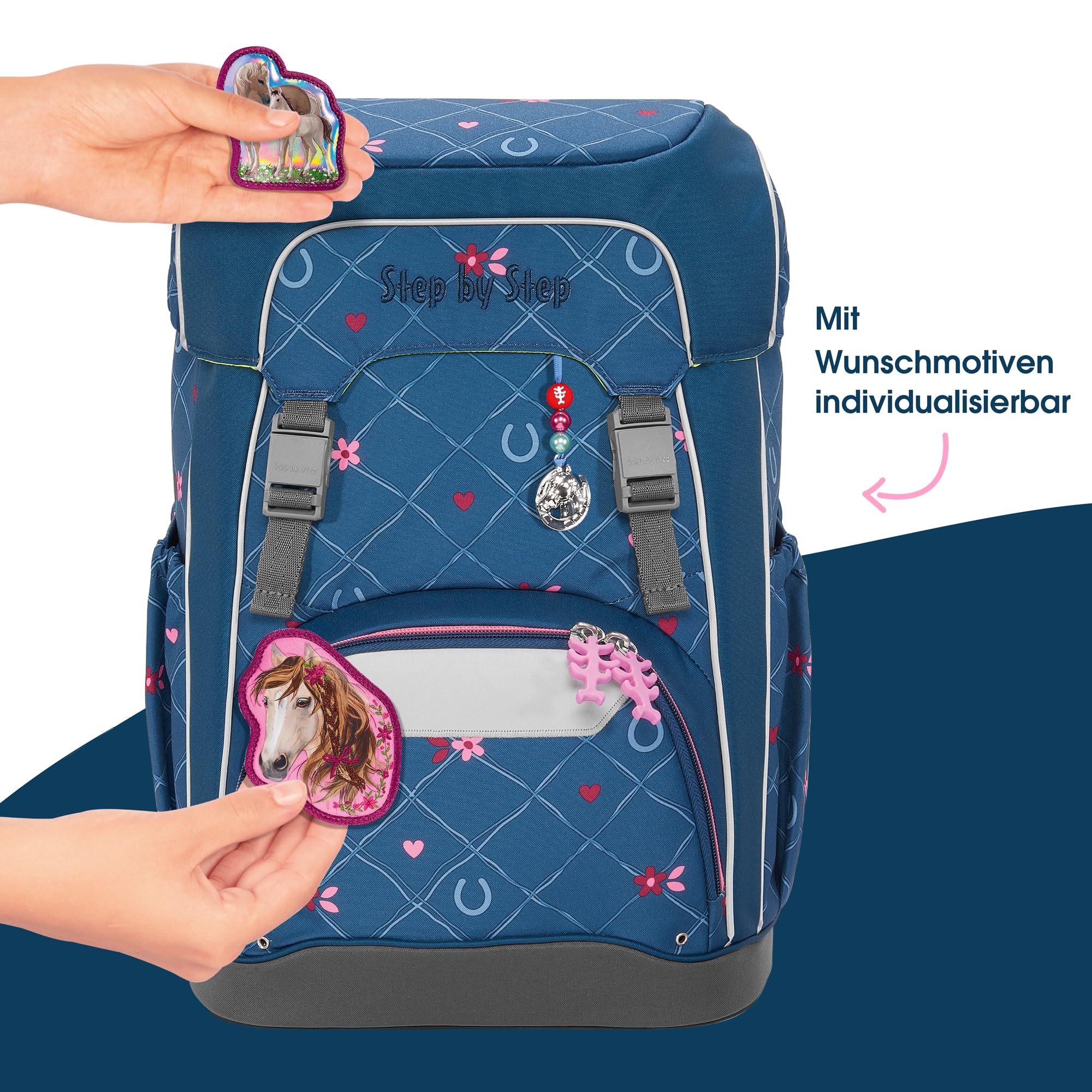 Step by Step Schulranzen-Set GIANT „Horse Lima“ 5-teilig, ergonomischer Tornister, höhenverstellbar mit Hüftgurt, für die Grundschule, ab der 1. Klasse, 23L, blau-rosa, Pferd-Design 8