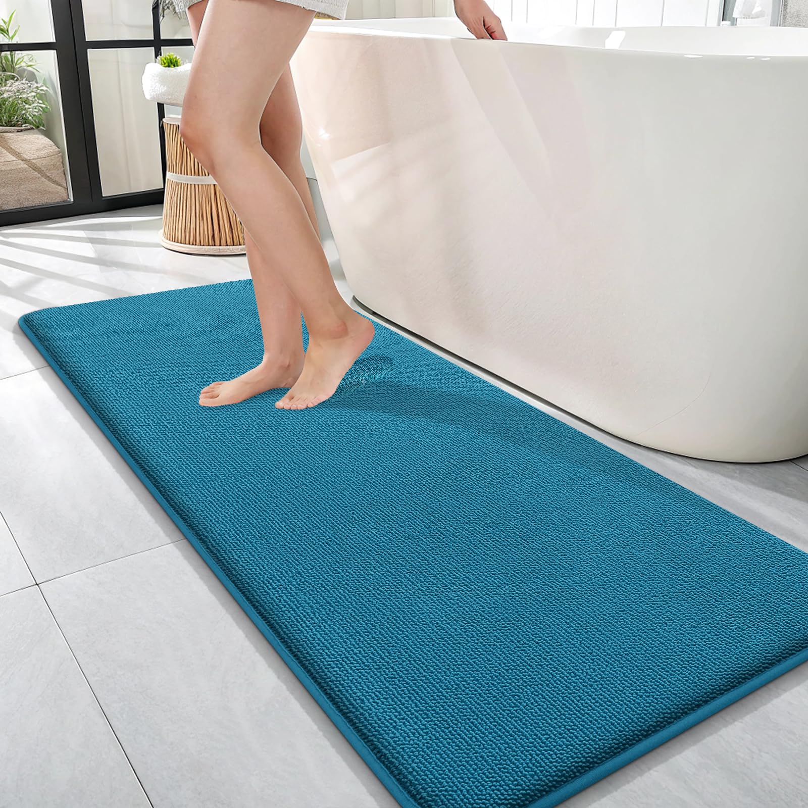 OLANLY Thick Memory Foam Bath Mat Rug 47x17, Extra Soft Absorbent Bathroom Rug, Quick Dry Bath Mat, Non-Slip, Machine Washable Carpet for Bathroom, Tub and Shower, Home Decor Accessories, Peacock Blue Image