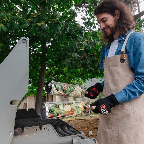 AVIEUS GRILL ROLLING GRILL BASKET | ROLLING GRILLING BASKETS FOR OUTDOOR GRILLING 2 PCS | BARBECUE GRILL SET WITH BBQ GLOVES | PORTABLE CAMPING NET RACK PERFECT FOR VEGETABLES, SEAFOOD & MEAT