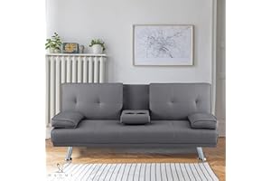 Naomi Home Low Profile Design: Convertible Folding Futon Sofa Bed Sleeper Couch for Living Room Faux Leather Upholstered Futon Sofa with Armrests, Metal Legs, 2 Cup Holders, Gray
