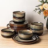 TheTerra Ceramic Dinnerware Sets for 6, 18 Pieces Handmade Reactive Glaze Plates and Bowls Set, Scratch Resistant Dish Set, Oven & Microwave & Dishwasher Safe, Coca Mocha