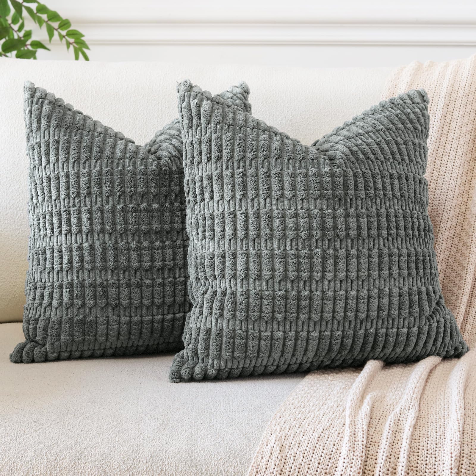 JOTOM Set of 2 Corduroy Soft Striped Cushion Covers 45x45 cm Decorative Throw Pillow Covers Square Cushion Case Home Boho Decor Pillow Cases for Couch Sofa Bedroom 18x18 Inch (Smoky Grey)