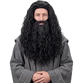 Pwsap Black Wizard Wig and Beard for Men, Adult Costume for Halloween Carnival Parties Anime