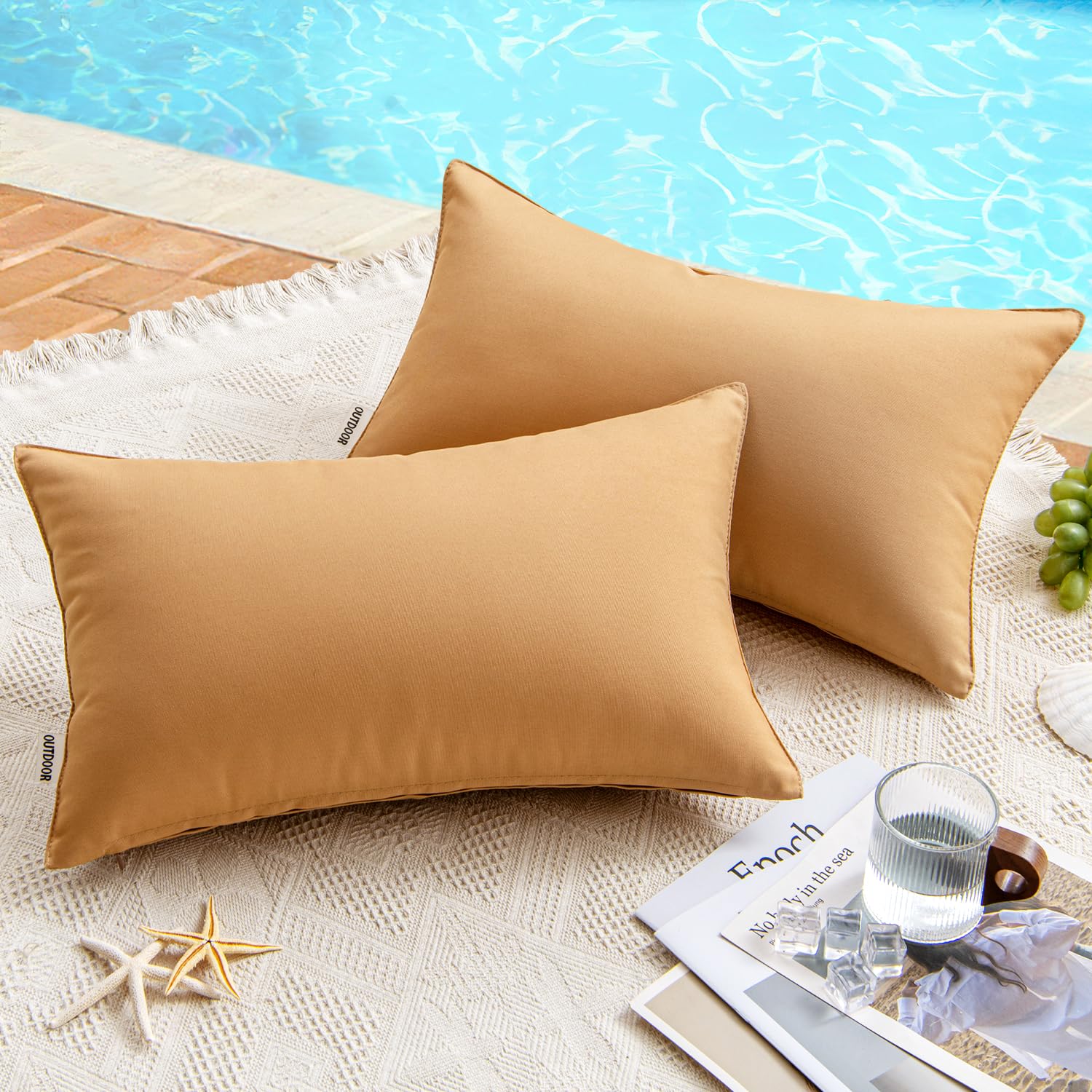 Photo 1 of MIULEE Pack of 2 Decorative Outdoor Waterproof Pillow Covers Square Garden Cushion Sham Throw Pillowcase Shell for Spring Patio Tent Couch 12x20 Inch Light Brown