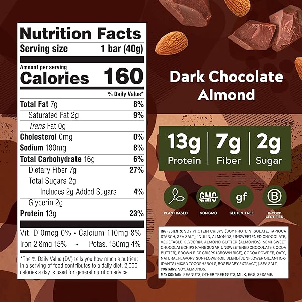 SIMPLY PROTEIN – DARK CHOCOLATE ALMOND CRISPY BARS – PLANT BASED PROTEIN BARS – LOW CARB, LOW SUGAR, HIGH FIBER – 13G PROTEIN, 2G SUGAR, 7G FIBER – VEGAN, GLUTEN FREE, NON GMO, KOSHER – 8 BARS