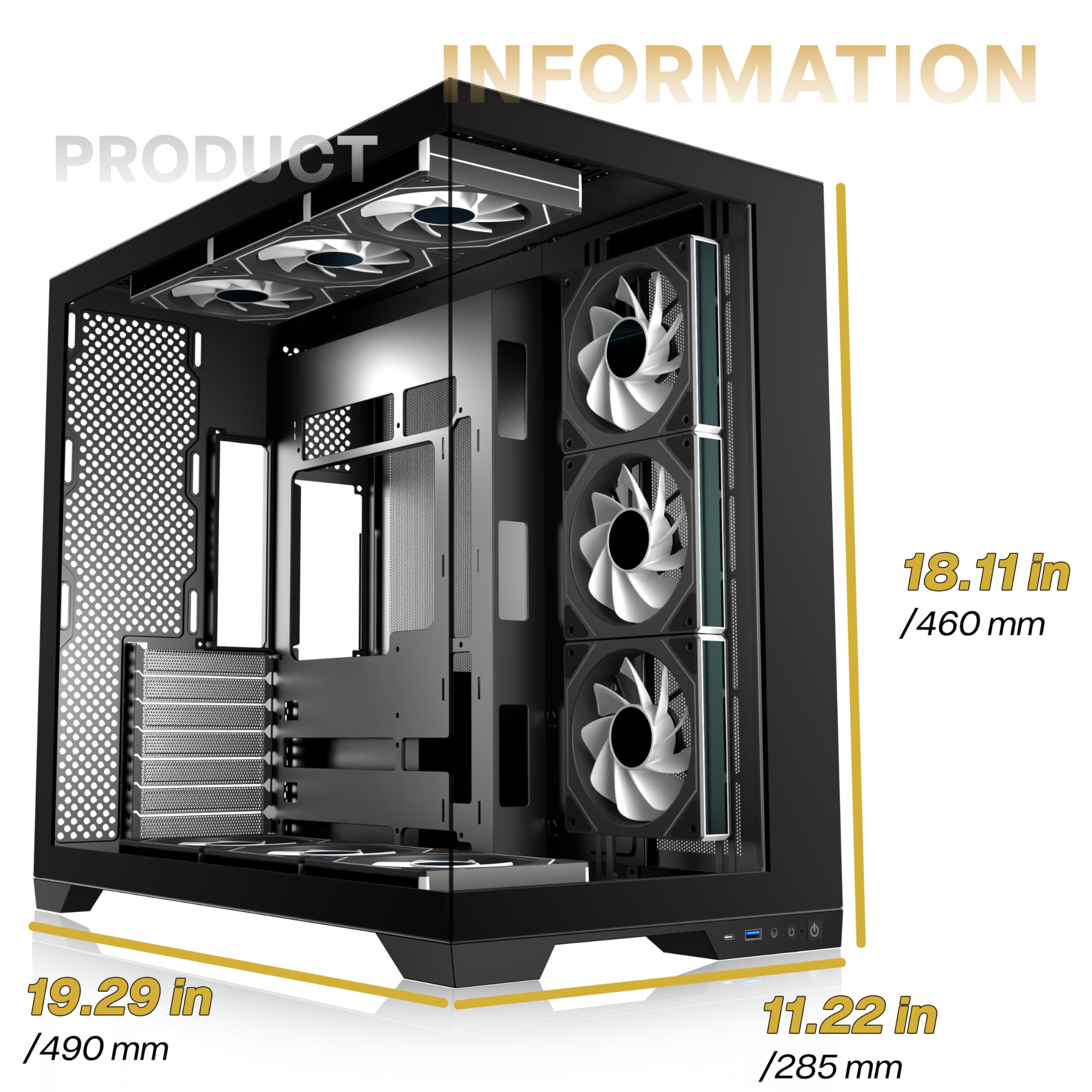 ANSAITE ATX PC-Gehäuse 9×120 mm ARGB PWM-Lüfter vorinstalliert ，Mid-Tower Gaming PC-Gehäuse, Panorama-Gehärtetes Glas Schwarz Computer-Gehäuse mit Typ-C, 360mm Radiator Unterstützung，H-D9 (Schwarz) 7
