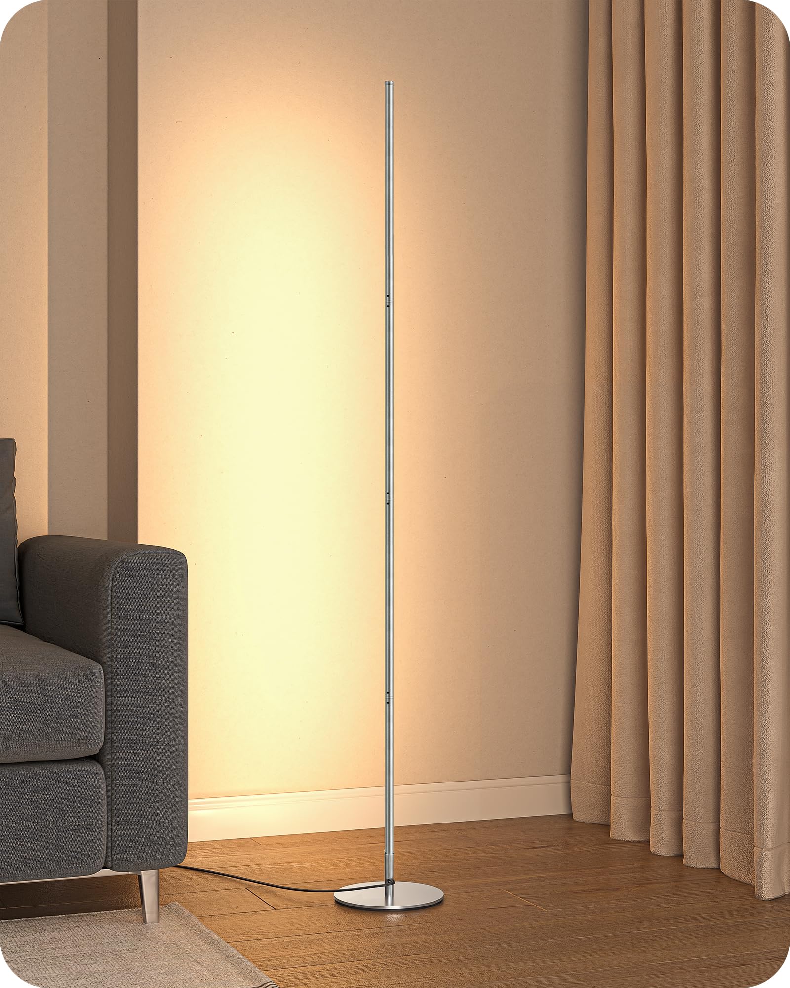 EDISHINE LED Floor Lamp, 146cm Minimalist Dimmable Standing Lamp with Foot Switch, Stepless Dimming, Tall Corner Lamp for Living Room, Bedroom, Office, 3000K, Silver