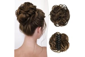 RUWISS Claw Clip Messy Bun Hair Piece 100% Real Human Hair Buns Curly Chignon Hair Bun Extensions Wavy Tousled Updo Hair Buns Claw Clip Ponytail Hairpieces for Women(Dark Brown with Light Golden Brown)