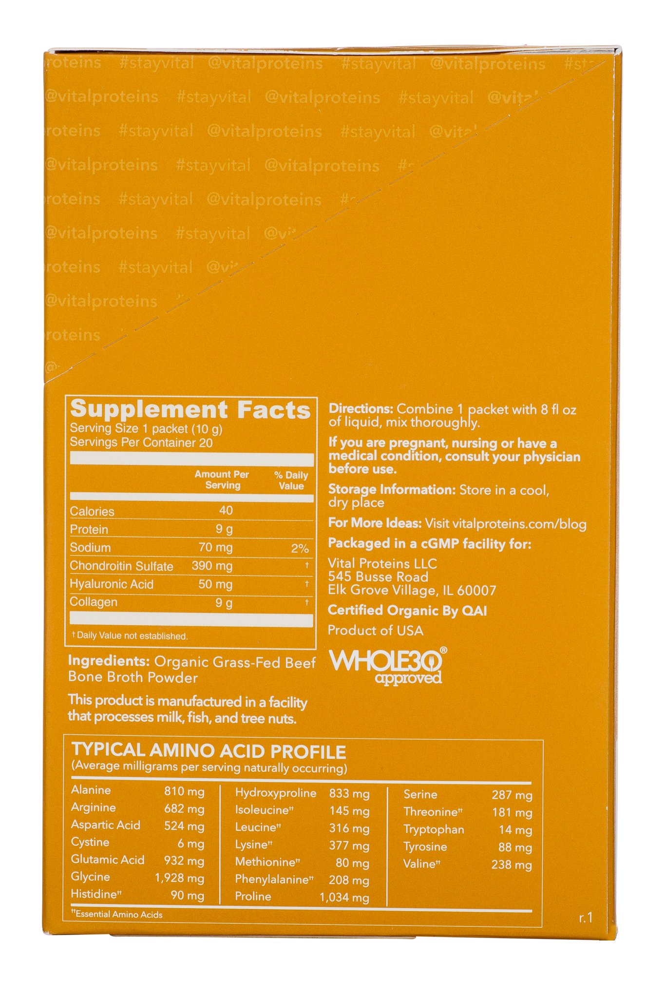 Vital Proteins Organic, GrassFed Beef Bone Broth Collagen Stick Packs (10g) (Box Of 20