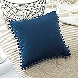 Top Finel Decorative Throw Pillow Covers for Couch Bed Soft Particles Velvet Solid Cushion Covers with Pom-poms, Pack of 1, Navy