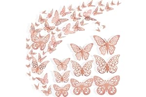 Nelotaor 36 Pcs Butterfly Wall Decor, 3 Styles 3 Sizes 3D Rose Gold Butterfly, Wedding & Birthday Party Decorations, Girls Bedroom Decoration