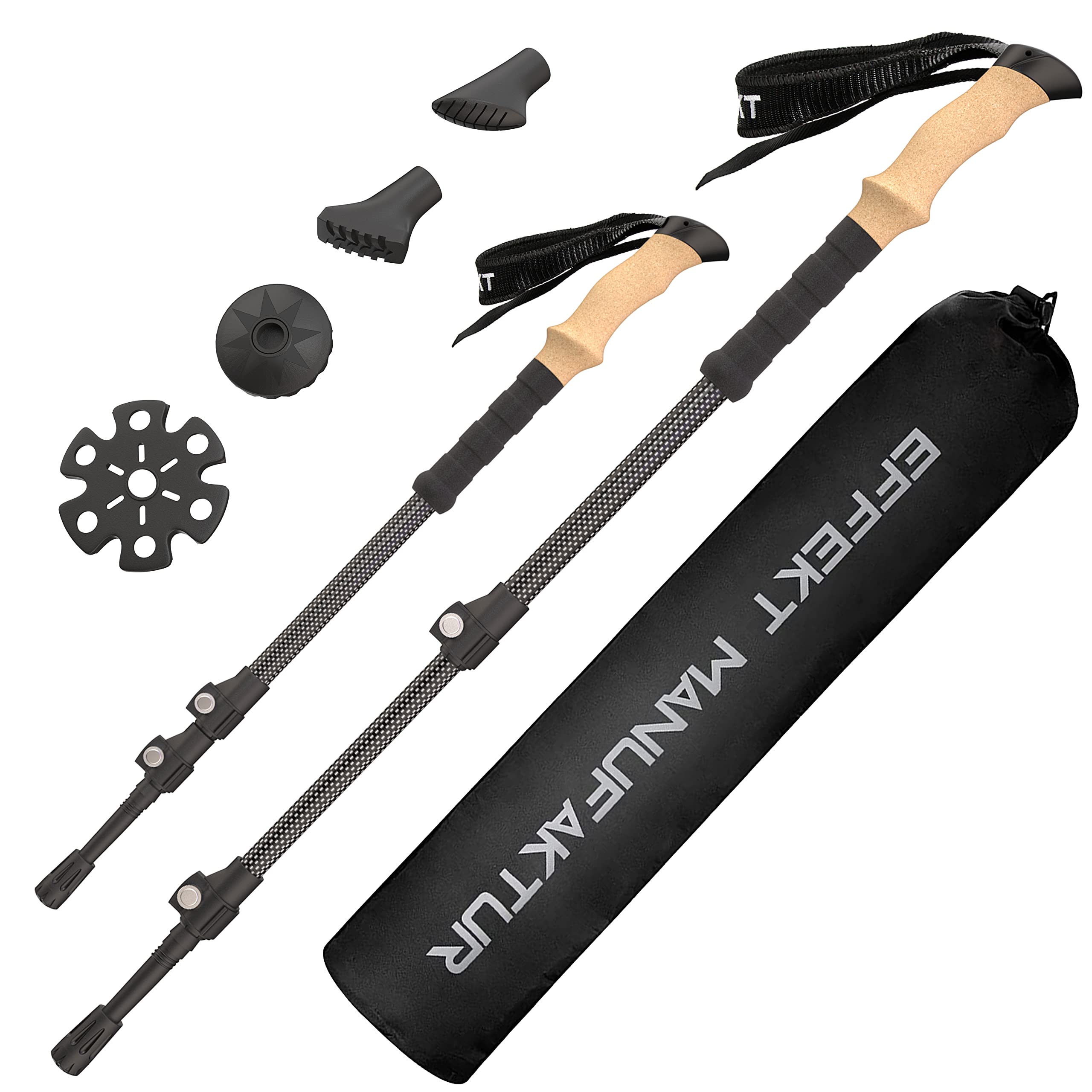 Effekt Carbon Fibre Trekking Poles - Collapsible, Leightweight Hiking Sticks with Cork Handle - Adjustable, Telescopic and Portable Nordic Walking Canes