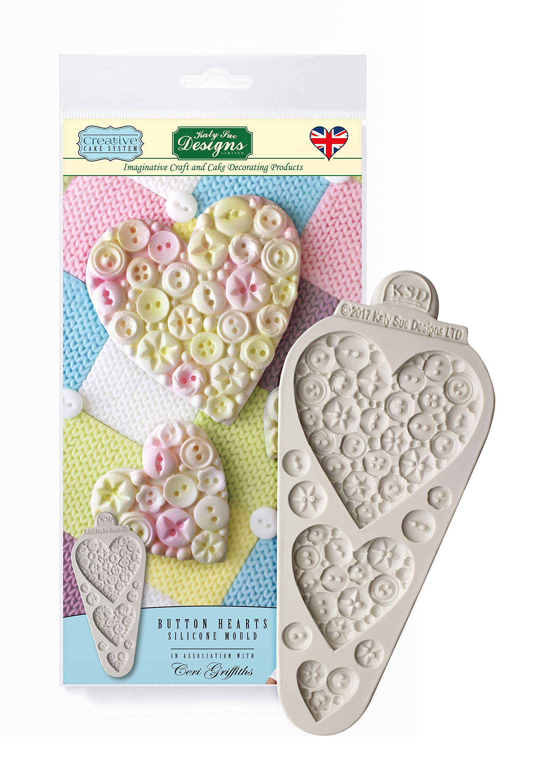 Buttons Hearts Silicone Royal Icing Mould, Ceri Griffiths Creative Cake System for Decorating, Sugarpaste, Fondants, Candies, Soaps and Crafts, Food Safe Approved, Made in the UK