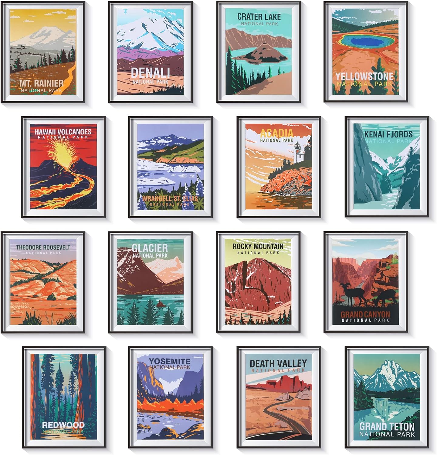 Wall Décor - 16 Pieces National Park Posters Vintage Style Unframed Set of 16 Travel Prints Wall Art and Mountain Print Set Abstract Unframed for Living Room Bedroom Bathroom Décor