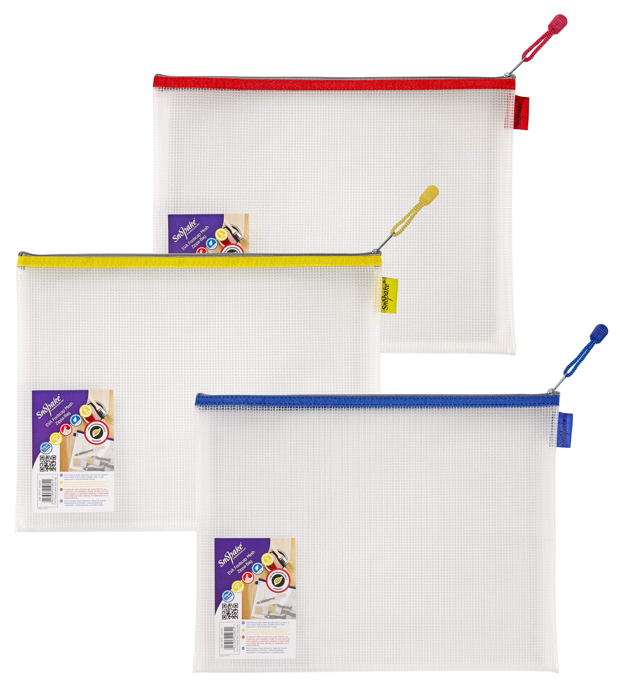 Snopake Foolscap Heavy Duty EVA Mesh Zippa-Bag [Pack of 3] 360 x 275mm – Transparent/Assorted [15819]