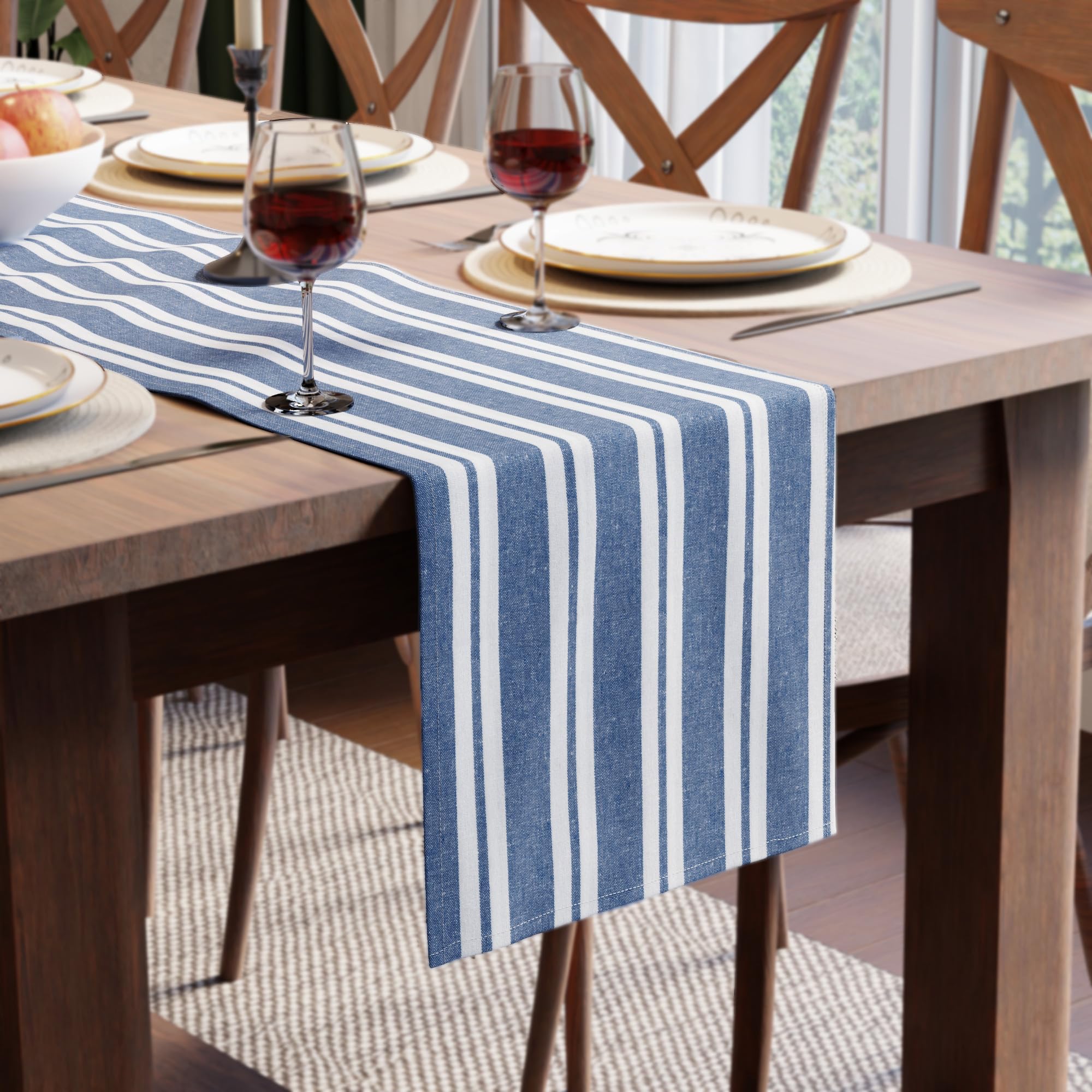 Encasa XO Cotton Dining Table Runner | Franca Blue Stripes | Size 13x91 in - Machine Washable & Durable