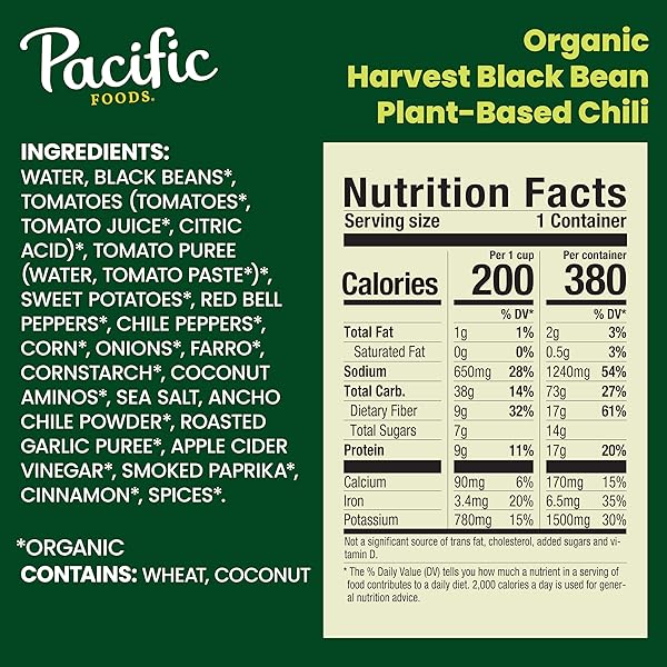 PACIFIC FOODS ORGANIC HARVEST BLACK BEAN CHILI, PLANT BASED, 16.5 OZ CAN