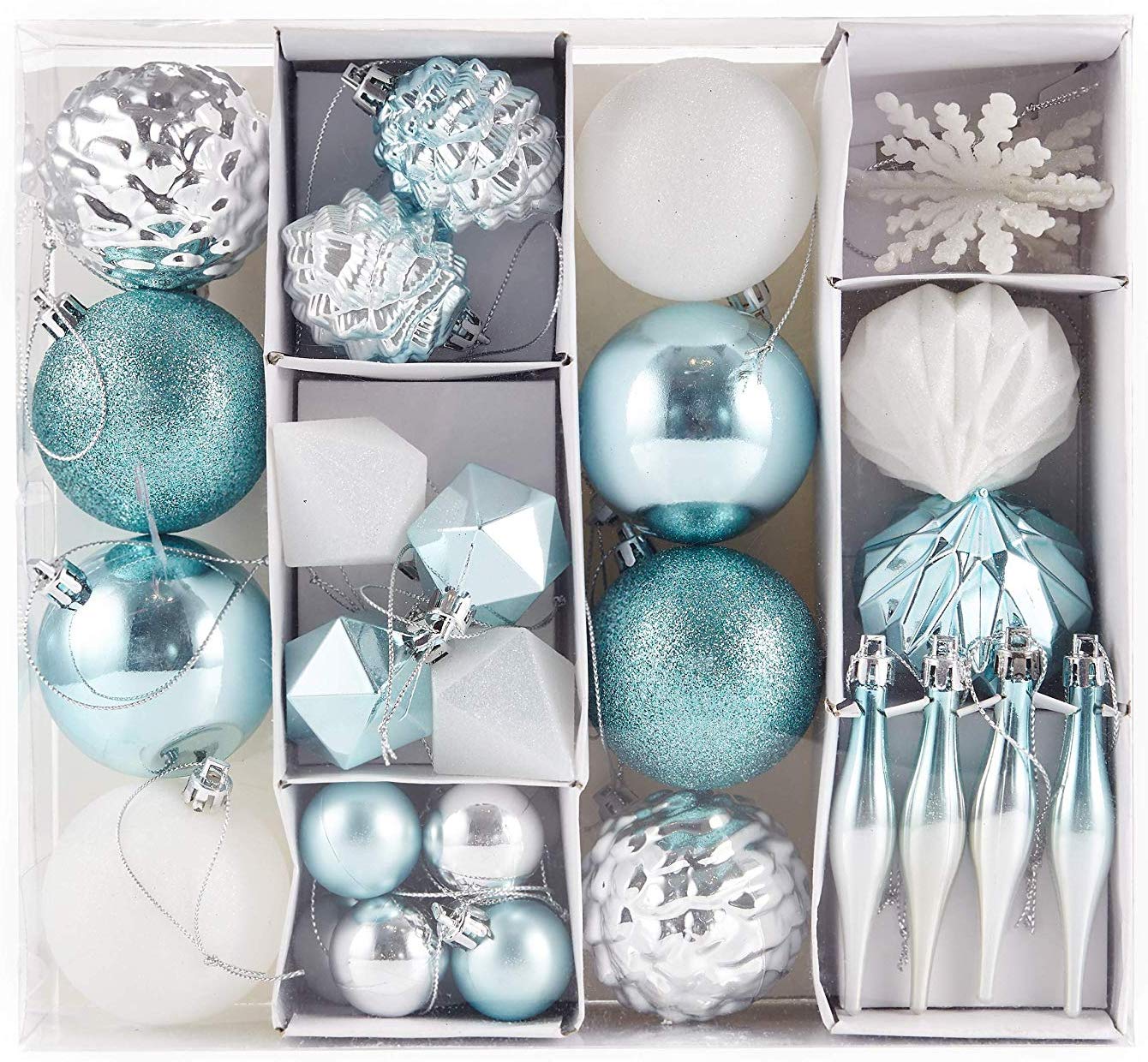 HEITMANN DECO Set of 29 Christmas Tree Baubles Assortment – Christmas Decorations Turquoise Silver White for Hanging – Plastic Christmas Tree Decorations Turquoise White Silver