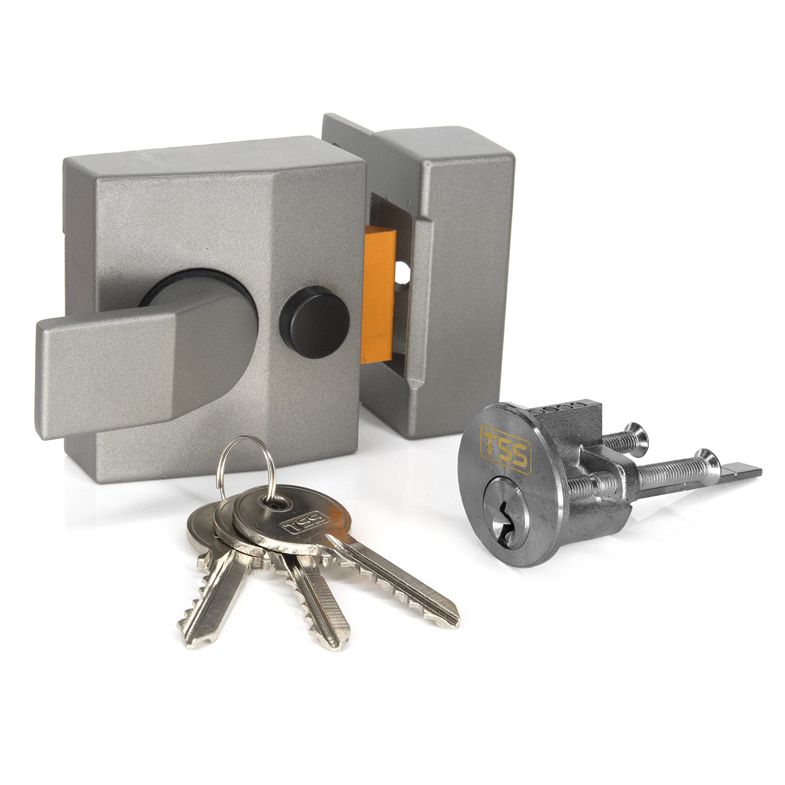 Standard Deadlocking Nightlatch, 40mm Backset, Complete with Rim Cylinder Lock Supplied with 3 Keys. External Door Lock for Front Door and Back Door. (Grey/Silver Cylinder)
