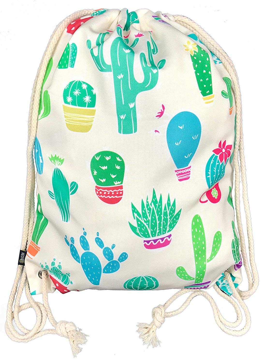 HECKBO Gym bag for women & girls made of cotton (beige) - printed on both sides with cactus motifs - for everyday use, travel & sports - suitable as gym bag, backpack, sports bag, shoe bag — image 1