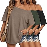 Oakgarden 3 Pack Women's Off Shoulder Tops Oversized T Shirts Short Sleeve Casual Loose Tees Summer Basic Tunic