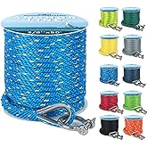 Anchor Rope 50 Ft x 3/8 Inch Premium Solid Braid MFP Anchor Line with 316 Stainless Steel Thimble and Heavy Duty Shackle Marine Boat Rope - Blue/Yellow