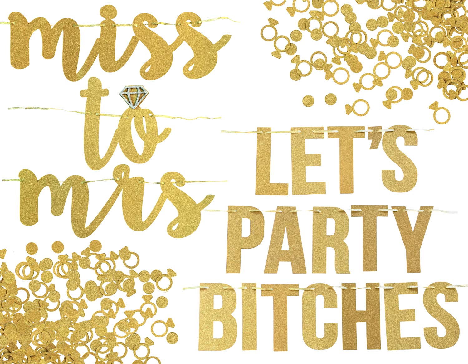 Miss to Mrs, Let's Party es Banner Set. Bachelorette, Engagement or Wedding Party Decorations. 2 Sparkly Banners with Super Fun Diamond Ring and Circle Confetti (Gold) — image 1