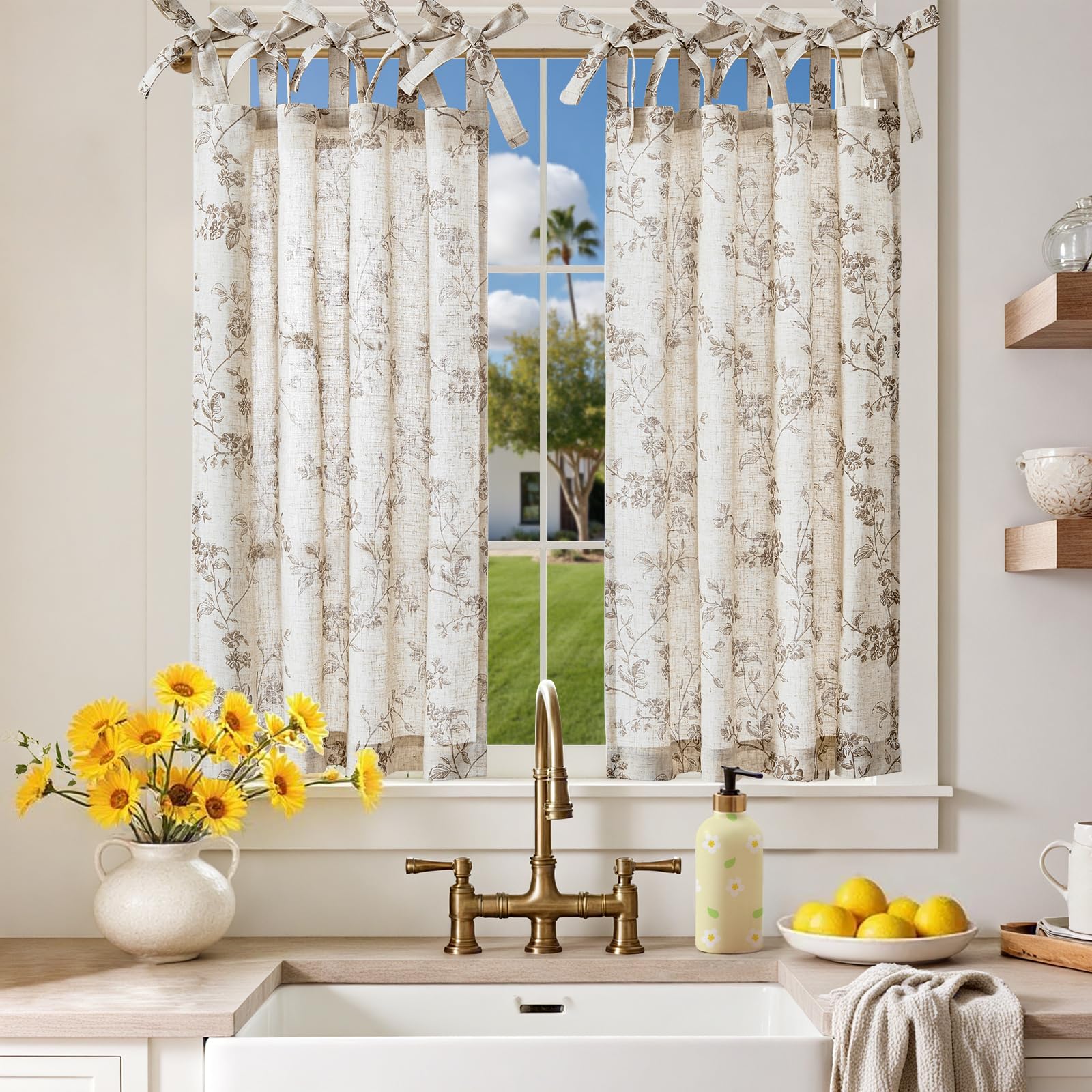 Photo 1 of jinchan Floral Kitchen Curtains 36 Inch Linen Tier Curtains Farmhouse Cafe Half Window Drapes Over Sink Light Filtering Taupe on Beige for Living Room Laundry Tie Top 2 Panels