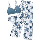 Oranchids Girls Swimsuit 3 Piece Tropical Print Bathing Suit V Neck Bikini Set with Quick Dry Cover Up Pants 9-16Y