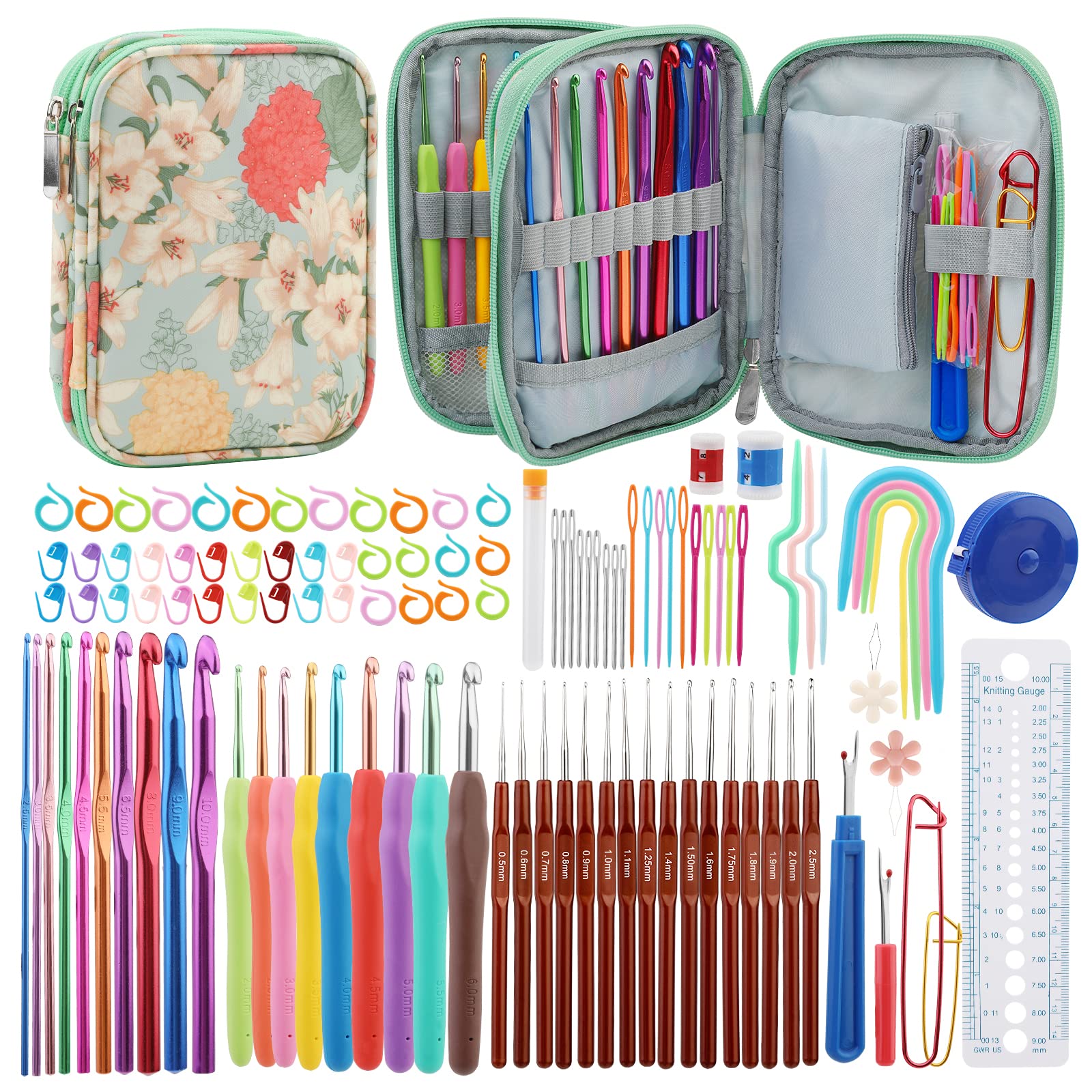 Doxiru 100 Pcs Crochet Hook Set, 3 Style Crochet Hooks, Crochet Accessories Sets with Stitch Markers, Large Eye Blunt Needles, Seam Ripper for Beginners DIY Crocheting Crafts