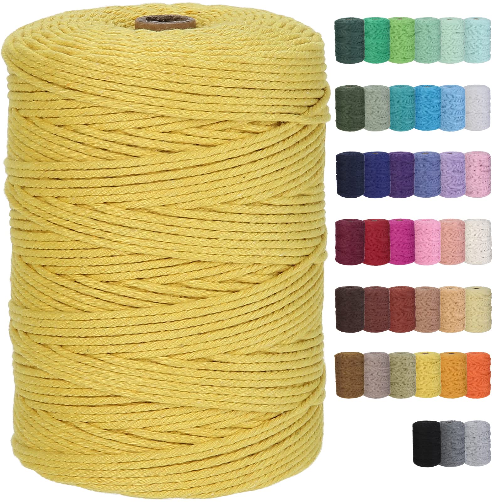 GOHOF Premium Cotton Macrame Rope, 3mm x 300m, 4 Strand Twisted Soft Cotton Cord, Yellow