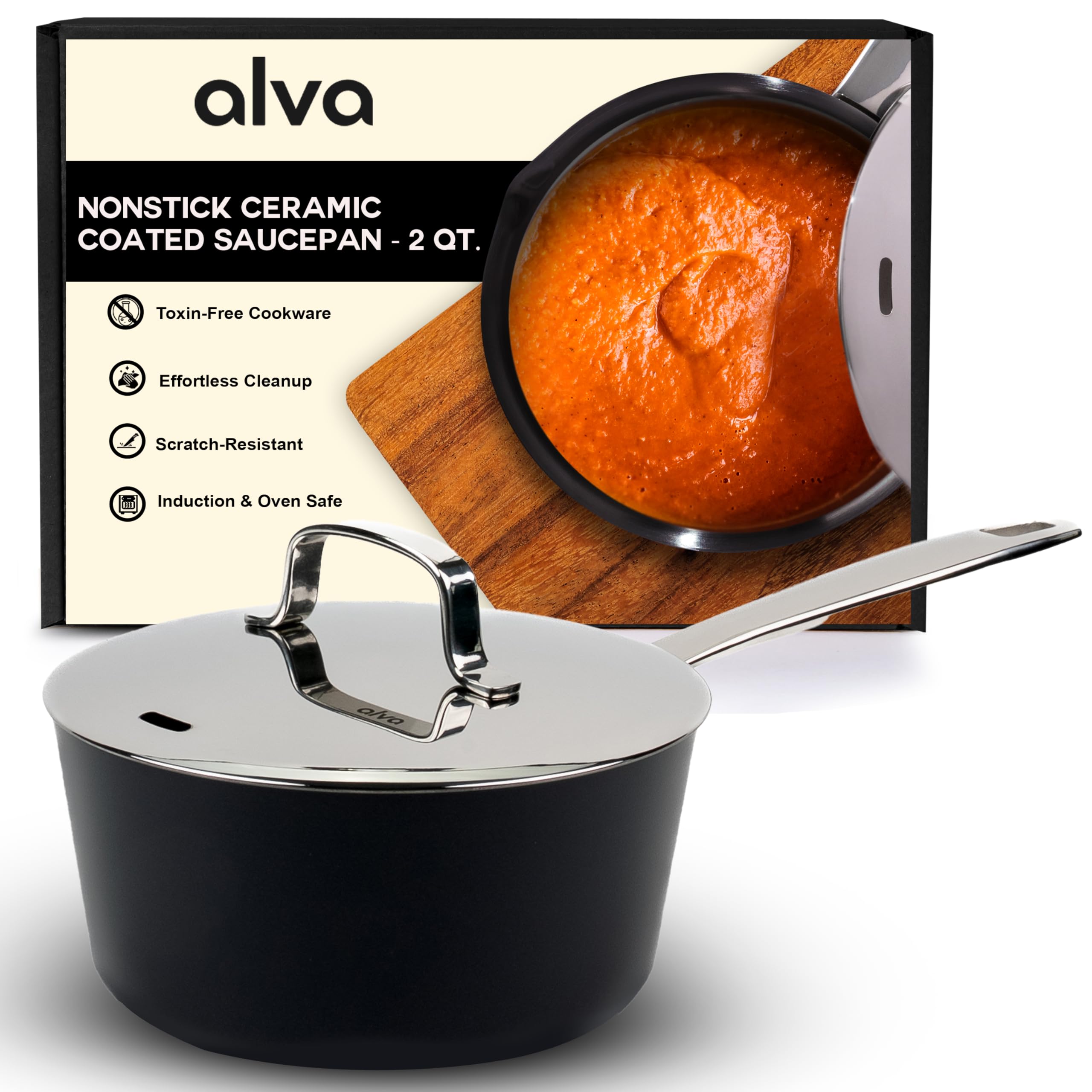 Photo 1 of Alva Maestro 2QT Ceramic Nonstick Saucepan with Lid – Non-Toxic Easy to Clean Pot, Oven Safe, and Induction Ready – Belgian-Designed for Effortless, Healthy Everyday Cooking