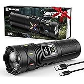 erbrigtli Flashlights High Lumens 10000 Rechargeable, Super Bright 50W LED, Long Running 15 Hours, USB C Input & USB Output, Zoomable 3 Modes, Powerful Strong Flash Light for Home Hiking Camping