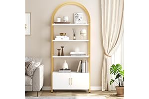 4 Tier Arched Bookshelf with Doors Storage, 71.5 Inch Tall Industrial Book Shelf with Metal Frame, Open Curved Bookcase, Disp