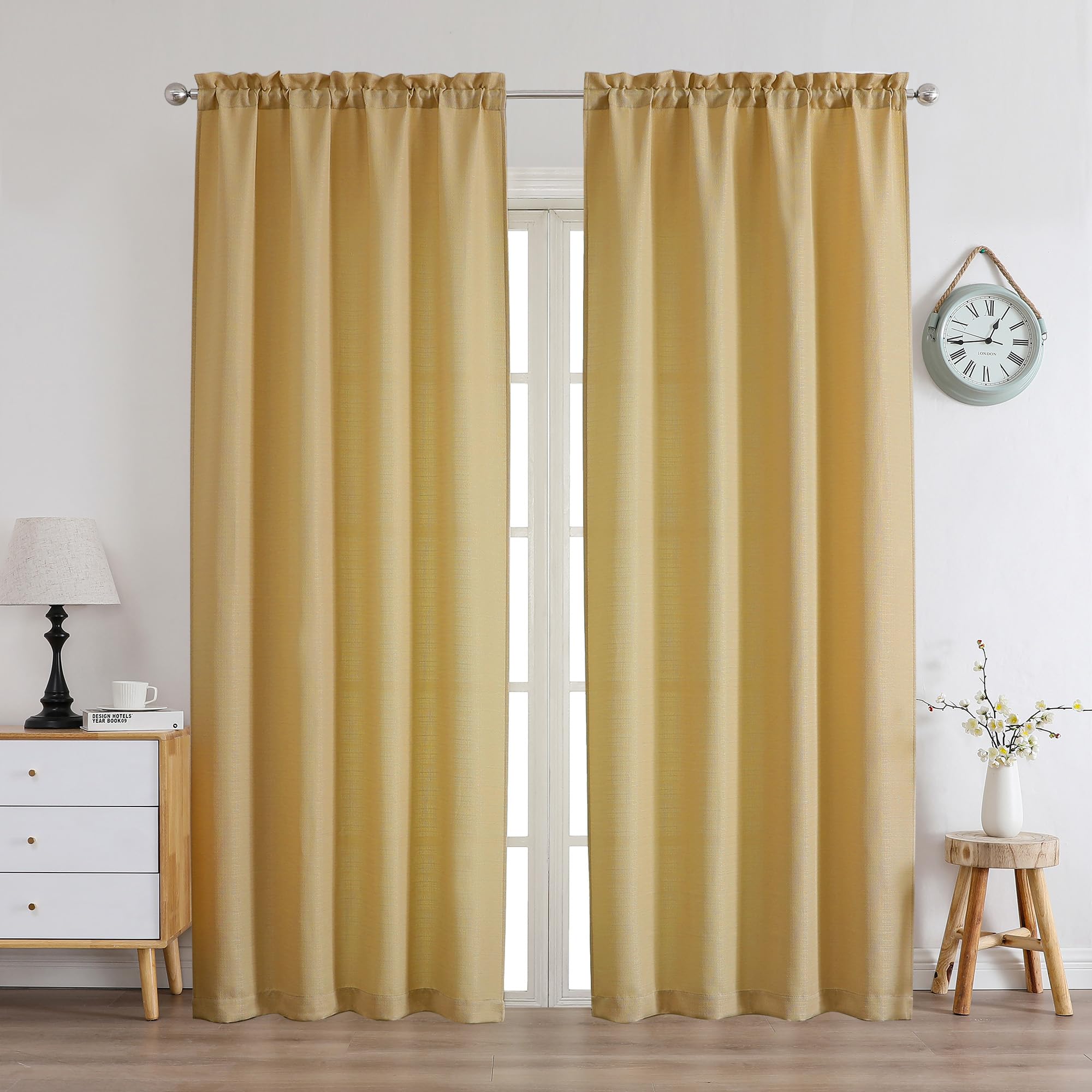 Photo 1 of Chyhomenyc Gold Curtains 84 Inch Length 2 Panels Set, Faux Linen Textured Semi Sheer Light Filtering Soft Airy Privacy Farmhouse Curtain Drapes for Living Room Bedroom, Cortinas para Sala, 40Wx84L