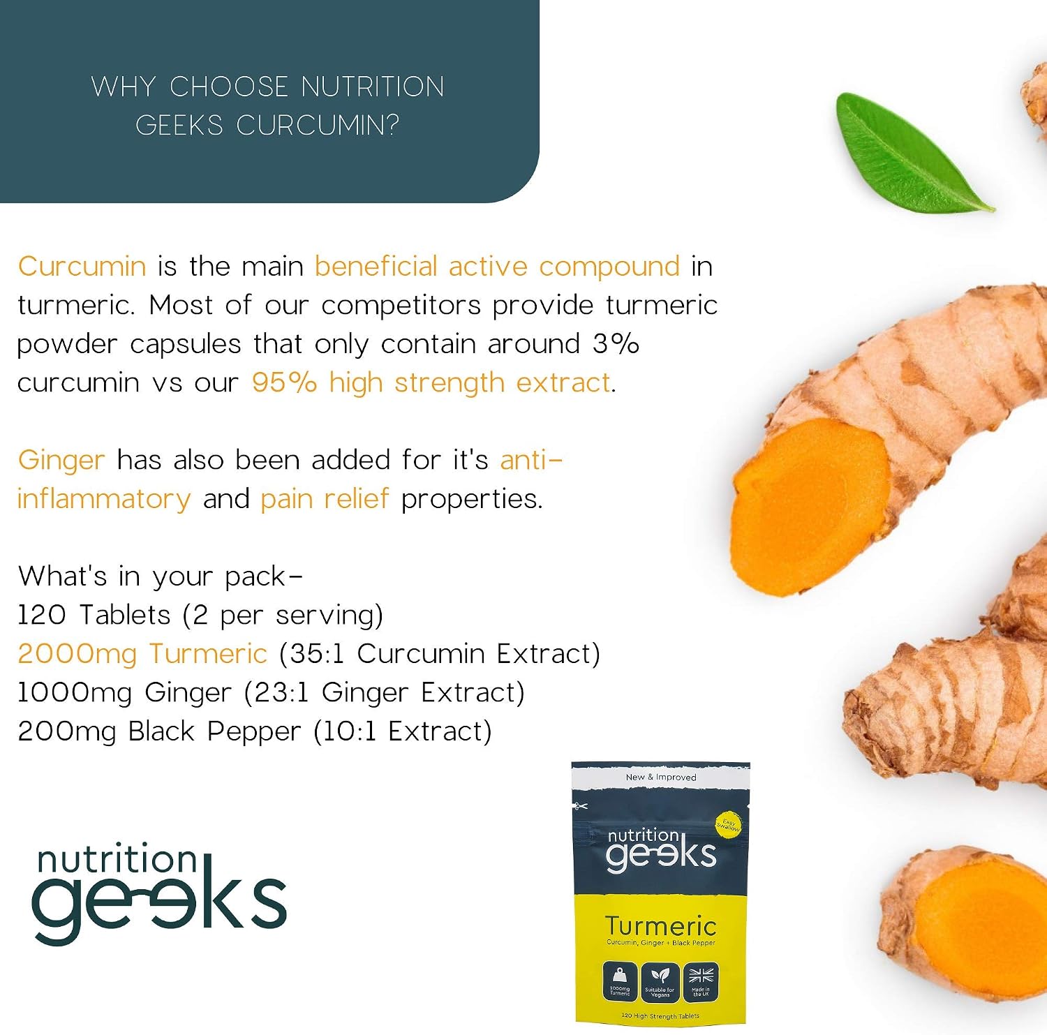 Turmeric Tablets 2000mg with Black Pepper & Ginger, 120 High Strength Curcumin Supplements - Image 3