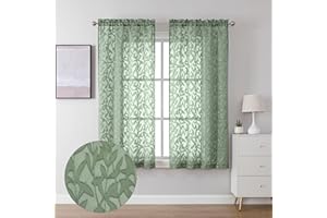 Lecloud Leia Sage Green Sheer Curtains 63 Inch Length 2 Panels, Light Filtering Bedroom Living Room Kitchen Curtain for Small Window, Jacquard Clip Leaves Voile Drapes Dual Rod Pockets, 38x63 Inches