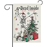 Dyrenson Christmas Gothic Skeleton Decorative Garden Flag, Dead Inside But Merry Xmas Tree Gifts Skull Yard Outside Home Decoration, Funny Winter Holiday Burlap Outdoor Small Decor Double Sided 12x18