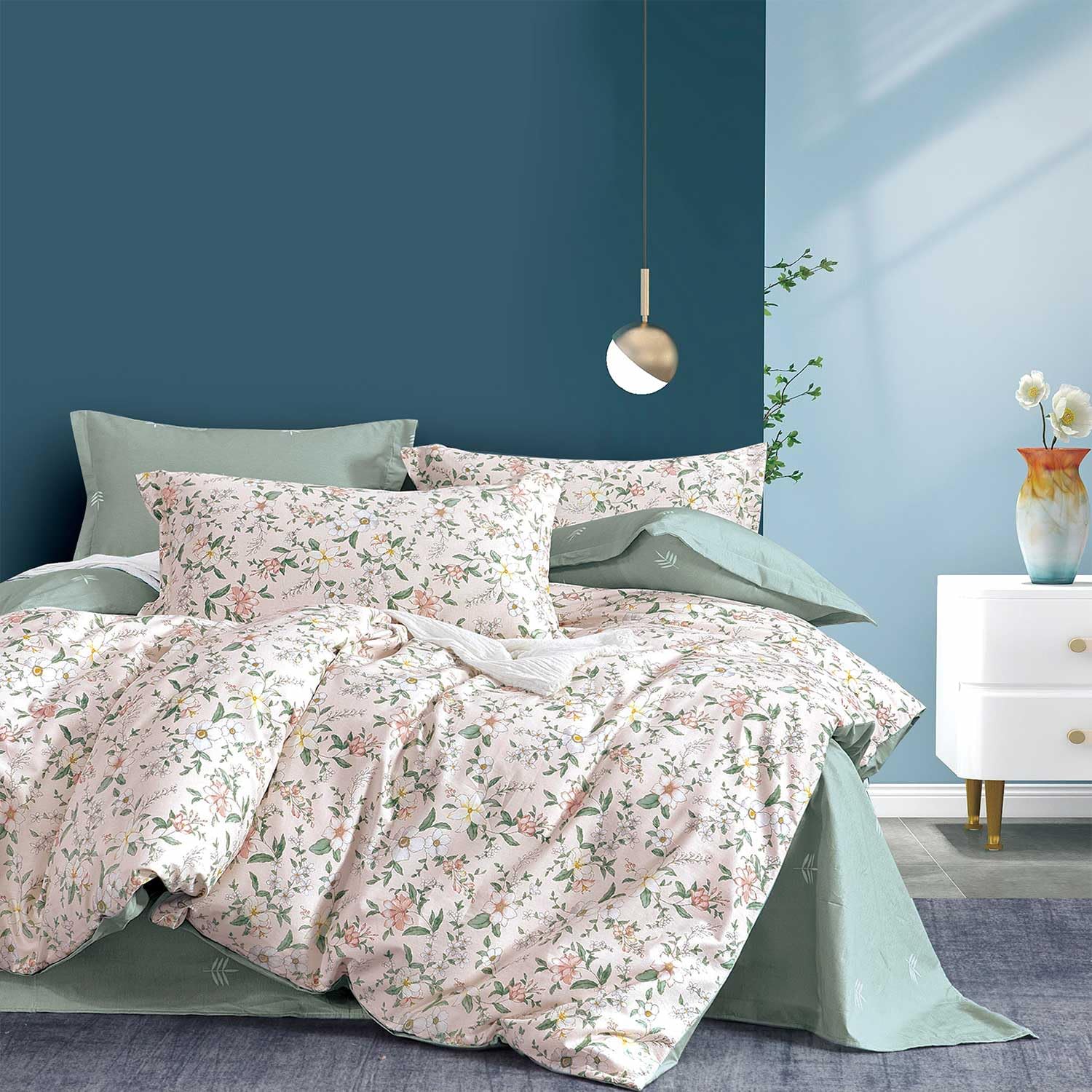 Photo 1 of ALEISSEL Faded Blush Floral Cotton Comforter King Size - 3PC Lightweight Bedding Sets with Soft Alternative Fill, Vintage-Inspired Delicate Botanical Patterns, Muted Sage Reversible Design