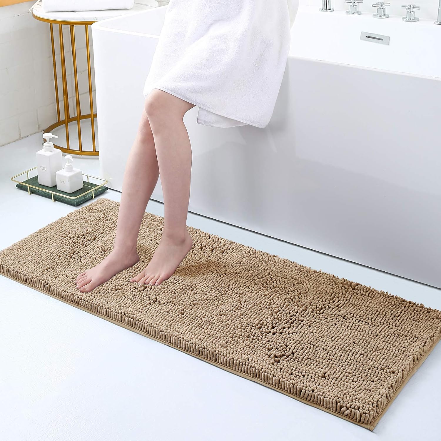 Smiry Luxury Chenille Bath Rug, Extra Soft and Absorbent Shaggy Bathroom Mat Rugs, Machine Washable, Non-Slip Plush Carpet Runner for Tub, Shower, and Bath Room(17''x47'', Beige)