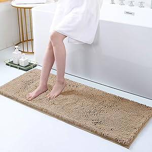 Smiry Luxury Chenille Bath Rug, Extra Soft and Absorbent Shaggy Bathroom Mat Rugs, Machine Washable, Non-Slip Plush Carpet Runner for Tub, Shower, and Bath Room(17''x47'', Beige)