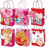 MotiMind 24 Pcs Valentine's Day Gift Bags Bulk Lovely Cartoon treat Bags with Handles for Valentine's Day cookie candy Wedding Anniversary Birthday Party Favors