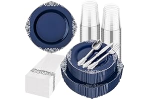 Hioasis 175pcs Blue and Silver Plastic Plates - Elegant Disposable Dinnerware Set Suitable for 25 Guests Include 10.25" Dinner & 7.5" Dessert Plates, Cutlery, Napkins, Cups for Party & Wedding