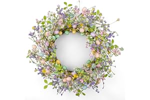 J'FLORU Artificial Easter Wreath 22 Inch Easter Wreaths for Front Door Colorful Egg Wreath with Flowers Green Leaves for Spri