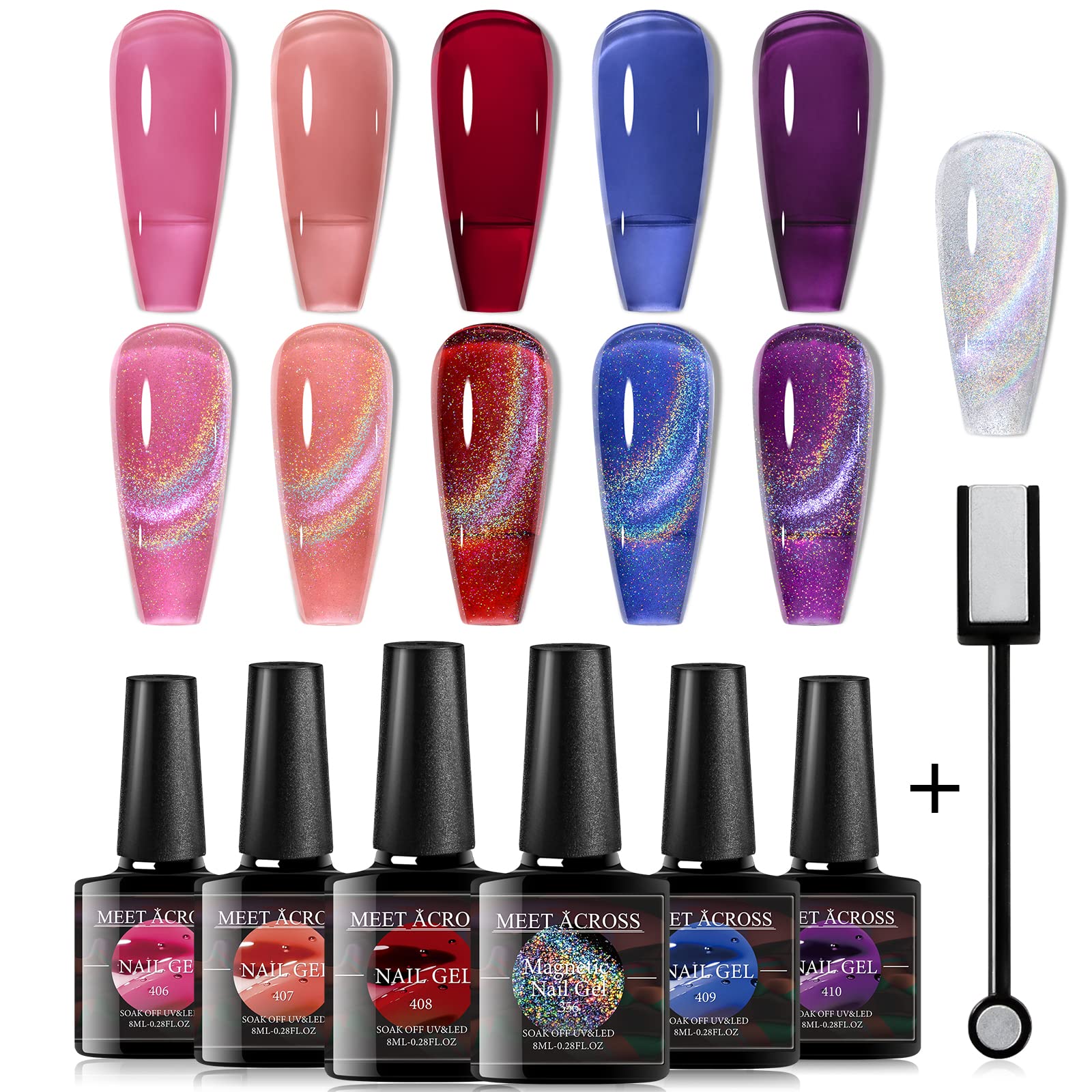 Photo 1 of MEET ACROSS Rainbow Cat Eye Gel Nail Polish and 5 Colors Jelly Gel Polish Soak Off UV LED Light Nail Kit Gift Box with Free Magnet Stick
