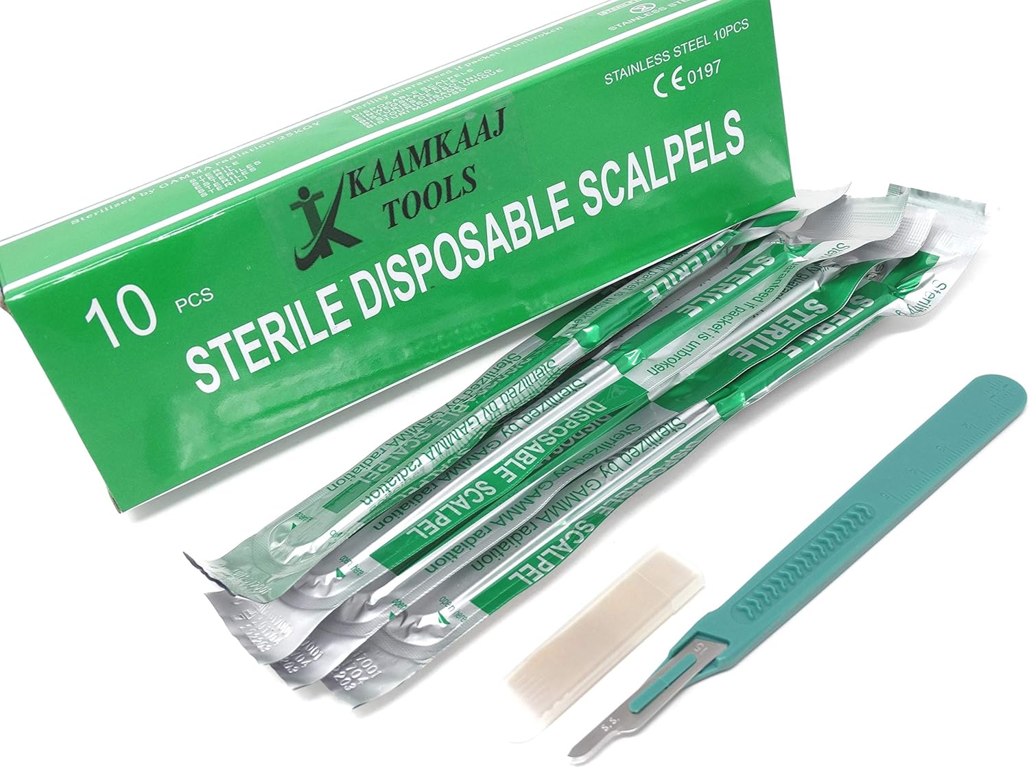 Box of 10 Disposable Sterile Scalpels Size 15 with Gratuated Plastic Handle & Metric Line