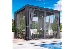FANSAFURN 10' x 12' Louvered Pergola, Outdoor Pergola with Curtains & Netting, Metal Patio Pergola with Adjustable Louvers Roof and Gutter System, Metal Hardtop Gazebo for Patio, Deck, Garden, Yard, Dark Gray