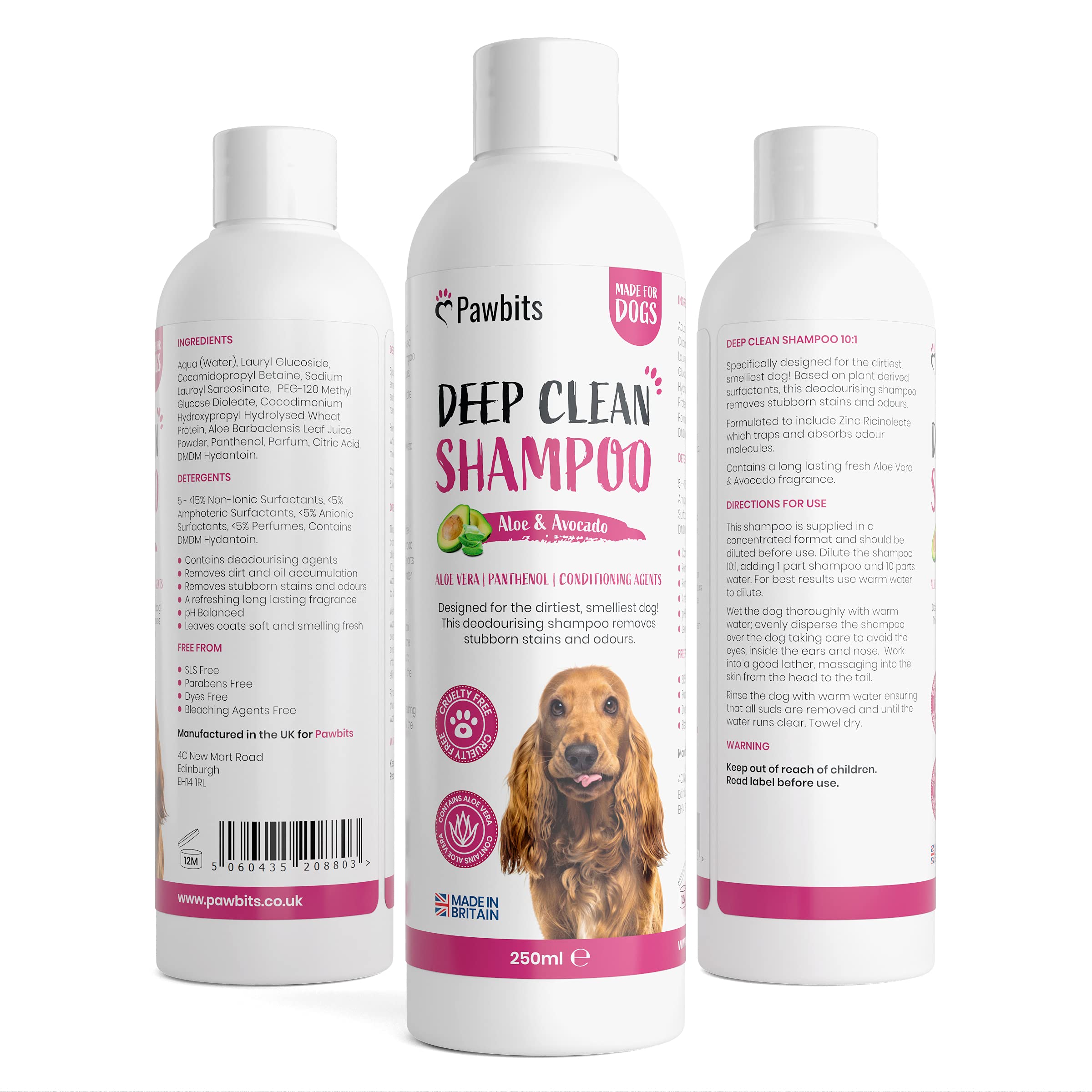 Pawbits Deep Clean Dog Shampoo & Conditioner for Smelly Dirty Dogs & Puppies – With Avocado B5 Aloe Vera. A Long Lasting Deodorising & Moisturising Shampoo – UK Made Cruelty Free 250ML